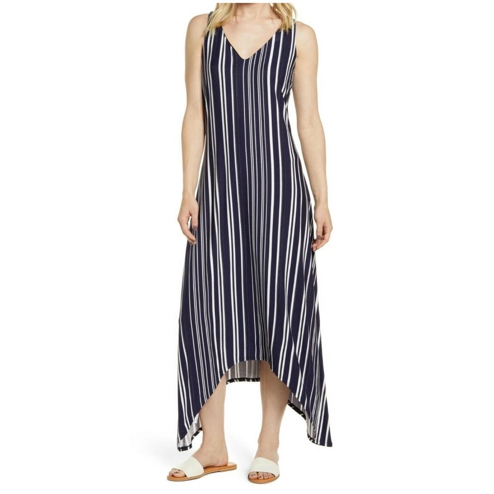 Tommy Bahama Anoche Stripe Maxi Dress Women M Navy Blue White Handkerchief Hem